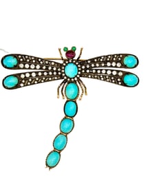 Art Deco 14K Turquoise Diamond Dragonfly Brooch