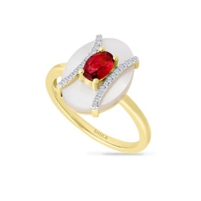 14KT Yellow Gold Mother of Pearl Pink Tourmaline Diamond Ring