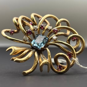 Vintage 18k Yellow Gold 3ct Aquamarine Ruby Diamond Brooch 29.5 grams