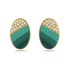 14KT Yellow Gold Malachite Diamond Oval Earrings