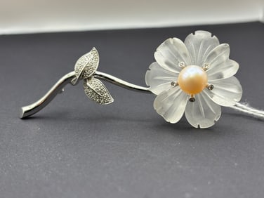 18K White Gold Frosted Quartz, Pearl & Diamond Floral Brooch