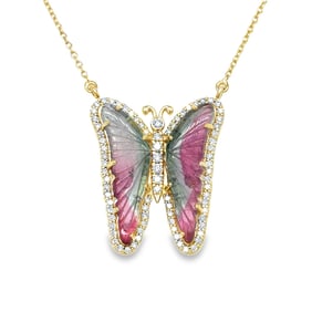 14K Gold Watermelon Tourmaline Diamond Necklace