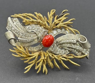 Mid-Century Platinum 18K Gold Japanese Coral Diamond Brooch