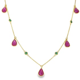18K Yellow Gold Ruby and Emerald Drop Necklace