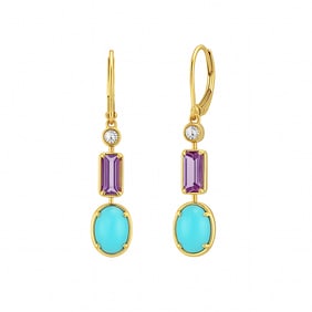 14K Gold Amethyst Diamond Turquoise Earrings