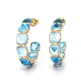 18K Yellow Gold Blue Topaz Hoop Earrings