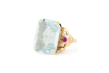 Vintage 18k Rose Gold Aquamarine Ruby Ring