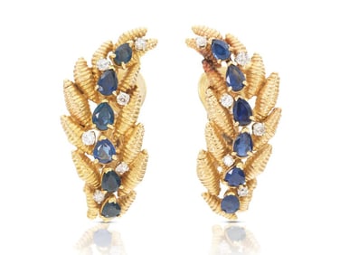 Vintage 1940s Retro 18k Yellow Gold Feather Earrings with Sapphires and Diamonds