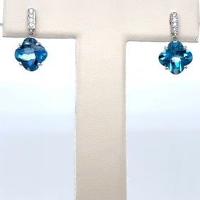 14k White Gold Blue Topaz & Diamond Earrings