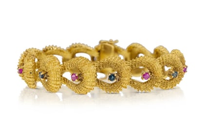 Estate 1960s 18k Yellow Gold Bracelet with Rubies and Sapphires