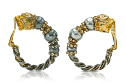 Vintage Zolotas 18k Gold & Silver Lion Hoop Earrings
