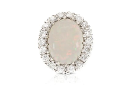 Circa 1960's 14k White Gold Opal & Diamond Ring