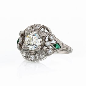 Art Deco GIA Certified Platinum Diamond & Emerald Ring