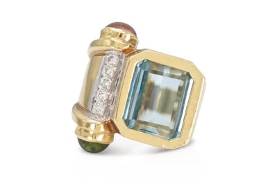 Vintage 14k Yellow Gold Aquamarine, Diamond & Tourmaline Ring