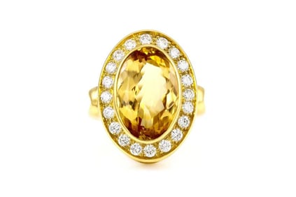 Vintage 18k Gold Citrine & Brilliant Cut Diamond Ring