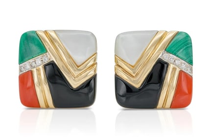 Estate 14k Yellow Gold Geometric Inlay Earrings with Brilliant Cut Diamonds