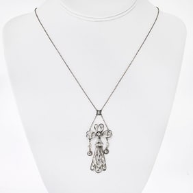 Estate Platinum Diamond Edwardian Pendant Necklace 16"