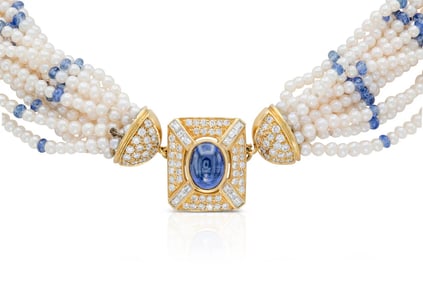 Estate 18k Gold Cabochon Sapphire Pearl Necklace