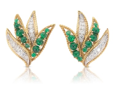 Circa 1950s 18k Gold Emerald Diamond Leaf Earrings