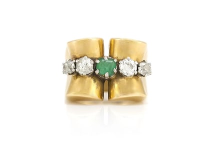 Circa1940's French Design 18k Gold Emerald Diamond Ring