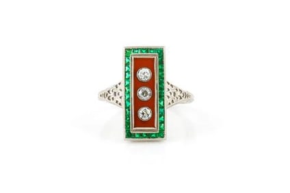 Edwardian Carnelian 18k Emerald & Diamond Ring Antique