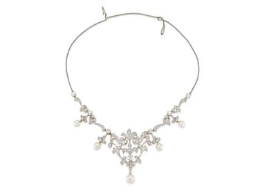 Antique Edwardian 1910s Pearl and 8.50 Carat Diamond Necklace