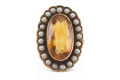 Estate 14k Gold Citrine and Seed Pearl Victorian Ring