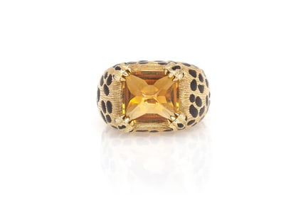 Christian Dior 18k Yellow Gold & Black Enamel Citrine Ring