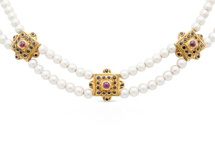 Estate Ilias Lalaounis 18k Gold Pearl Ruby Sapphire Necklace