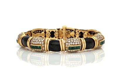Fred Paris Estate 18k Yellow Gold Emerald Diamond Bangle