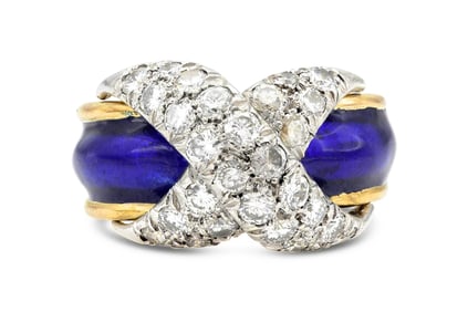Tiffany & Co | Schlumberger 18k Yellow Gold Blue Enamel .85ct Diamond "X" Ring/