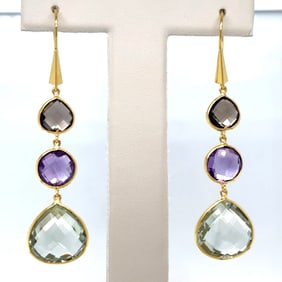 18k Yellow Gold Smokey Quartz Amethyst Earrings 2.68 grams