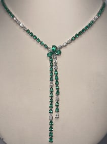 18k White Gold Emerald & Diamond Pear Necklace