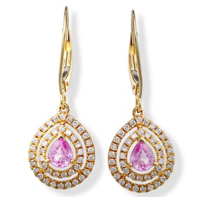 14K Gold Pink Sapphire Diamond Earrings