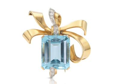 Retro 1940s 40ct Aquamarine & Diamond Brooch in 18k & Platinum