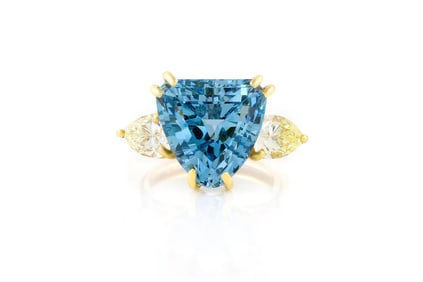 Vintage 1960s 15ct Trillion Aquamarine Ring w/ 2ct Yellow Diamonds