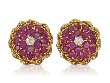 1940s 14k Gold Ruby & Diamond Cluster Earrings 6.5ct