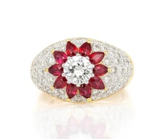 1980s 18k Gold Ruby Diamond Flower Ring 4.60ct