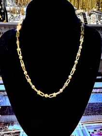 14k Yellow Gold Beaded Link Necklace, 18"