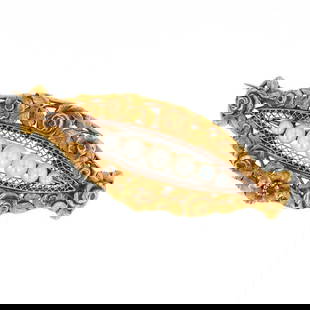 French Art Nouveau 18K Gold Natural Pearl Brooch: Art Nouveau brooch with natural pearls set in French 18k gold and platinum - Crafted in France, Art Nouveau period - Features a floral motif with central natural pearls - Platinum lattice detail contr