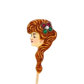 American Art Nouveau 14K Enamel & Gem Stick Pin