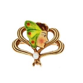 American Art Nouveau 14K Enamel Pearl Brooch