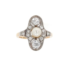 Edwardian Platinum Gold Pearl Diamond Ring