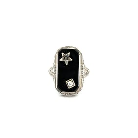 14K White Gold Art Deco Onyx and Diamond Masonic Ring
