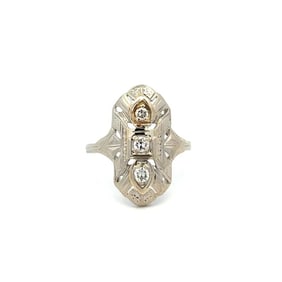 18K White Gold Art Deco Navette Ring with Three Diamonds, .20tcw
