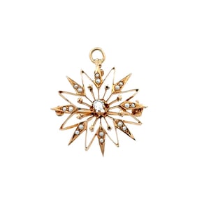 14K Yellow Gold Victorian Diamond & Pearl Brooch Pendant 3.5 grams