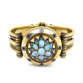 18K Yellow Gold Victorian Opal Diamond Enamel Bangle 63.8 grams