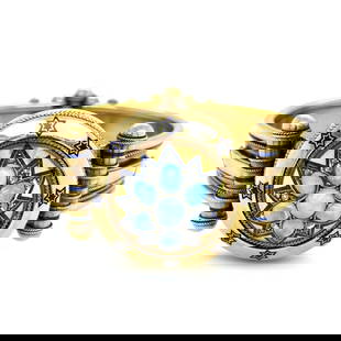 18K Yellow Gold Victorian Opal Diamond Enamel Bangle 63.8 grams: Striking antique 18K Yellow Gold Victorian bangle bracelet featuring vibrant opals, sparkling diamonds, and rich blue enamel in a grand starburst motif. - Approx. 2.20 total carat weight of natural op