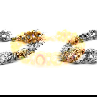 10K Yellow Gold Victorian Revival Mosaic Gemstone Bracelet 14.4g: 10K Yellow Gold Victorian Revival Mosaic Gemstone Bracelet showcasing vibrant semi-precious gems including amethyst, onyx, topaz, peridot, shell, ruby, citrine, and jade in an artistic 6.5-inch linked