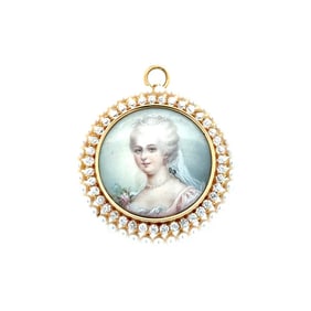 Victorian 18K Yellow Gold Portrait Pendant Brooch with 1.20ct Old European Cut Diamonds & Seed Pearl